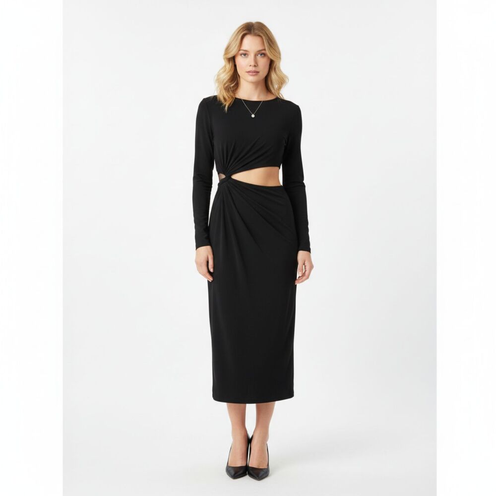 Bar III Black Cutout Stomach Long Sleeve Midi Dress NEW L